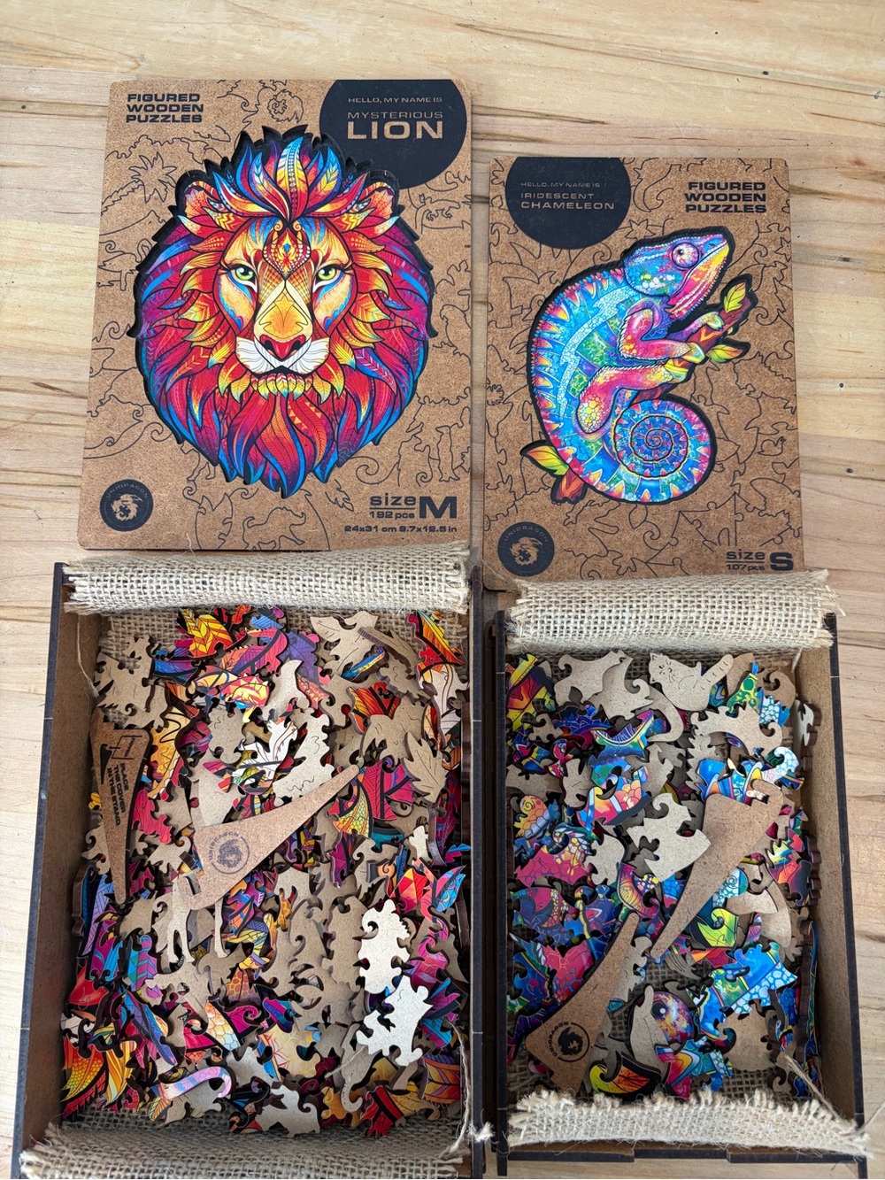 Figured Wooden Puzzles “Iridescent Chameleon” and “Mysterious Lion”